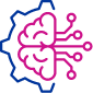 A line-art icon of artificial intelligence: a brain merged with a gear.