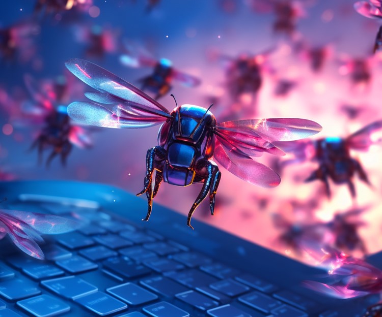 Robotic bugs flutter in an angry swarm over a laptop keyboard.