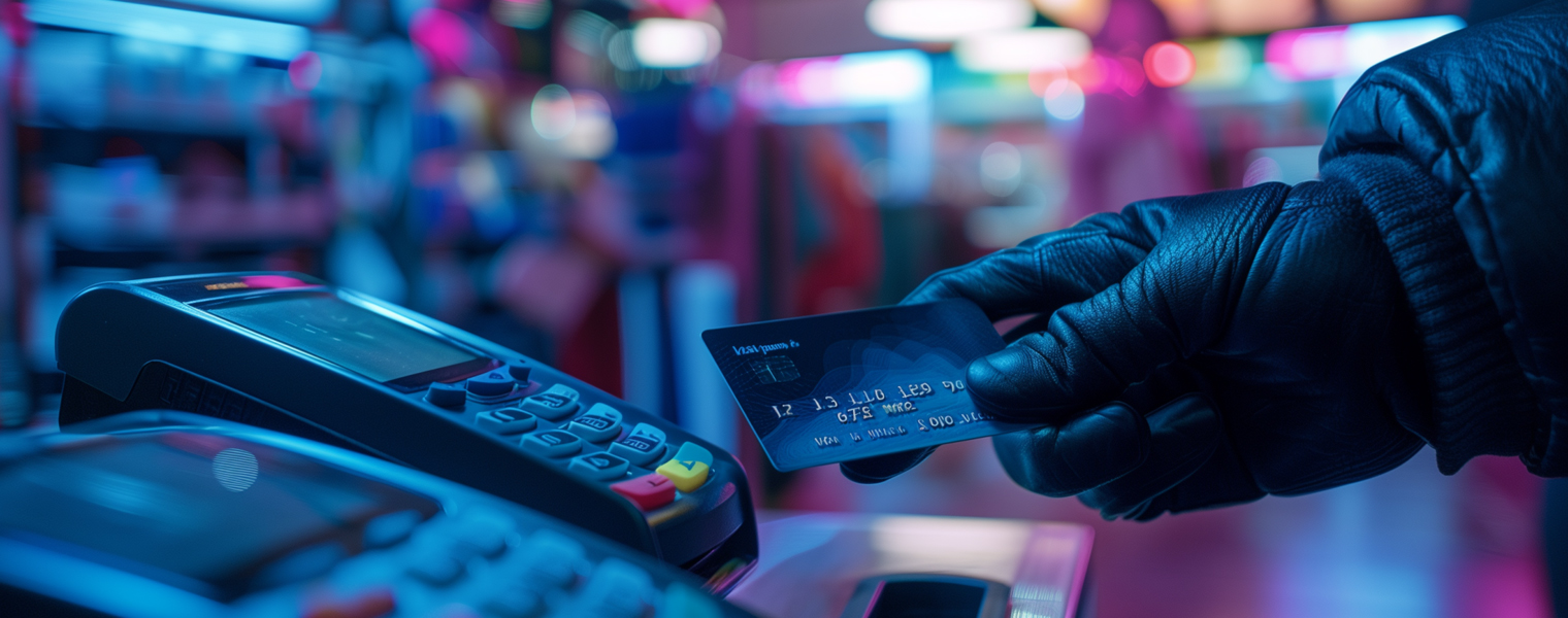 A suspicious gloved hand swipes a credit card in a dimly lit convenience store.